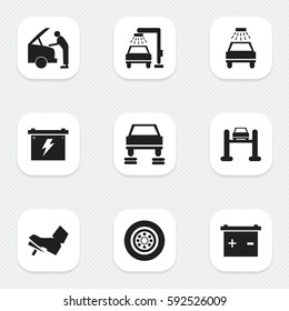 Set Of 9 Editable Vehicle Icons. Includes Symbols Such As Battery, Auto Service, Car Lave And More. Can Be Used For Web, Mobile, UI And Infographic Design.