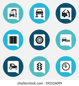 Set Of 9 Editable Vehicle Icons. Includes Symbols Such As Speed Display, Vehicle Wash, Car Fixing And More. Can Be Used For Web, Mobile, UI And Infographic Design.