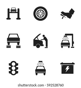 Set Of 9 Editable Vehicle Icons. Includes Symbols Such As Battery, Car Fixing, Auto Service And More. Can Be Used For Web, Mobile, UI And Infographic Design.