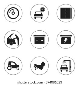 Set Of 9 Editable Vehicle Icons. Includes Symbols Such As Vehicle Wash, Treadle, Highway And More. Can Be Used For Web, Mobile, UI And Infographic Design.