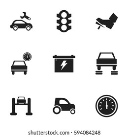 Set Of 9 Editable Vehicle Icons. Includes Symbols Such As Auto Repair, Stoplight, Automotive Fix And More. Can Be Used For Web, Mobile, UI And Infographic Design.