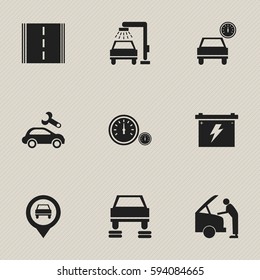 Set Of 9 Editable Vehicle Icons. Includes Symbols Such As Battery, Car Fixing, Speedometer And More. Can Be Used For Web, Mobile, UI And Infographic Design.