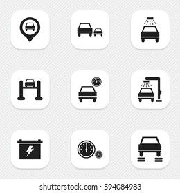 Set Of 9 Editable Vehicle Icons. Includes Symbols Such As Vehicle Wash, Race, Automobile And More. Can Be Used For Web, Mobile, UI And Infographic Design.