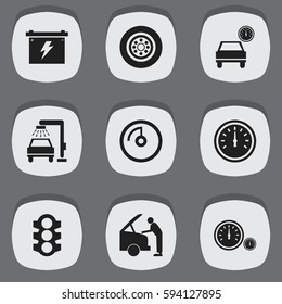 Set Of 9 Editable Vehicle Icons. Includes Symbols Such As Battery, Vehicle Wash, Automobile And More. Can Be Used For Web, Mobile, UI And Infographic Design.