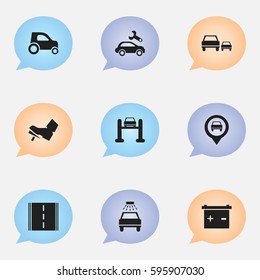 Set Of 9 Editable Vehicle Icons. Includes Symbols Such As Treadle, Race, Accumulator And More. Can Be Used For Web, Mobile, UI And Infographic Design.