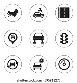 Set Of 9 Editable Vehicle Icons. Includes Symbols Such As Auto Repair, Speed Display, Treadle And More. Can Be Used For Web, Mobile, UI And Infographic Design.