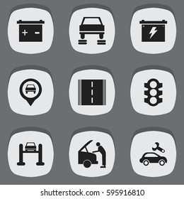 Set Of 9 Editable Vehicle Icons. Includes Symbols Such As Stoplight, Accumulator, Highway And More. Can Be Used For Web, Mobile, UI And Infographic Design.