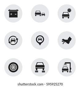 Set Of 9 Editable Vehicle Icons. Includes Symbols Such As Automobile, Treadle, Tire And More. Can Be Used For Web, Mobile, UI And Infographic Design.