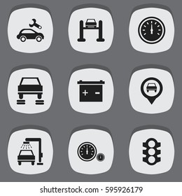 Set Of 9 Editable Vehicle Icons. Includes Symbols Such As Speed Control, Automotive Fix, Pointer And More. Can Be Used For Web, Mobile, UI And Infographic Design.