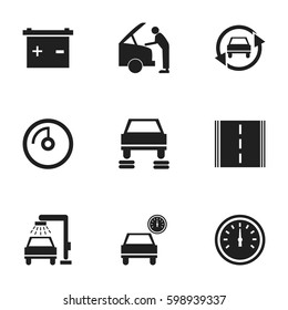 Set Of 9 Editable Vehicle Icons. Includes Symbols Such As Speed Display, Automobile, Vehicle Wash And More. Can Be Used For Web, Mobile, UI And Infographic Design.