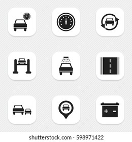 Set Of 9 Editable Vehicle Icons. Includes Symbols Such As Accumulator, Highway, Race And More. Can Be Used For Web, Mobile, UI And Infographic Design.