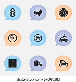 Set Of 9 Editable Vehicle Icons. Includes Symbols Such As Vehicle Car, Stoplight, Automotive Fix And More. Can Be Used For Web, Mobile, UI And Infographic Design.