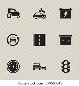 Set Of 9 Editable Vehicle Icons. Includes Symbols Such As Accumulator, Highway, Speed Control And More. Can Be Used For Web, Mobile, UI And Infographic Design.
