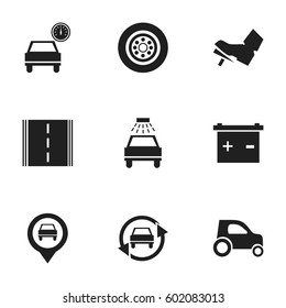 Set Of 9 Editable Vehicle Icons. Includes Symbols Such As Tire, Automobile, Highway And More. Can Be Used For Web, Mobile, UI And Infographic Design.