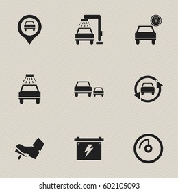 Set Of 9 Editable Vehicle Icons. Includes Symbols Such As Pointer, Vehicle Wash, Tuning Auto And More. Can Be Used For Web, Mobile, UI And Infographic Design.