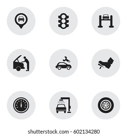 Set Of 9 Editable Vehicle Icons. Includes Symbols Such As Speed Control, Vehicle Wash, Pointer And More. Can Be Used For Web, Mobile, UI And Infographic Design.