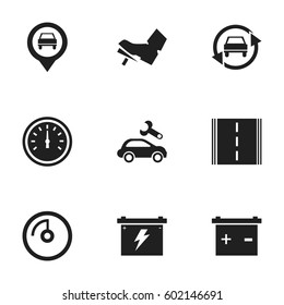 Set Of 9 Editable Vehicle Icons. Includes Symbols Such As Speed Display, Speed Control, Highway And More. Can Be Used For Web, Mobile, UI And Infographic Design.