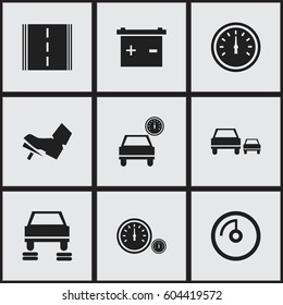 Set Of 9 Editable Vehicle Icons. Includes Symbols Such As Highway, Speed Display, Speed Control And More. Can Be Used For Web, Mobile, UI And Infographic Design.