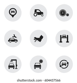 Set Of 9 Editable Vehicle Icons. Includes Symbols Such As Speedometer, Treadle, Pointer And More. Can Be Used For Web, Mobile, UI And Infographic Design.