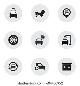 Set Of 9 Editable Vehicle Icons. Includes Symbols Such As Tuning Auto, Treadle, Tire And More. Can Be Used For Web, Mobile, UI And Infographic Design.