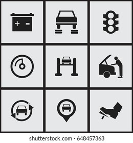 Set Of 9 Editable Vehicle Icons. Includes Symbols Such As Accumulator, Tuning Auto, Speed Display And More. Can Be Used For Web, Mobile, UI And Infographic Design.