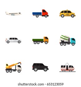 Set Of 9 Editable Vehicle Icons. Includes Symbols Such As Limousine, Truck, Hoisting Machine And More. Can Be Used For Web, Mobile, UI And Infographic Design.