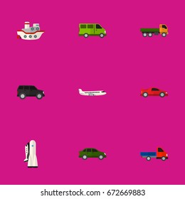 Set Of 9 Editable Vehicle Icons. Includes Symbols Such As Automobile, Aircraft, Boat And More. Can Be Used For Web, Mobile, UI And Infographic Design.