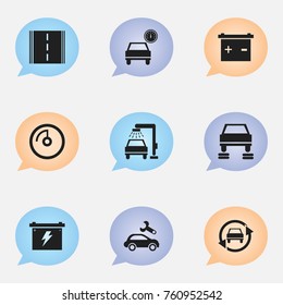 Set Of 9 Editable Vehicle Icons. Includes Symbols Such As Automotive Fix, Battery, Highway And More. Can Be Used For Web, Mobile, UI And Infographic Design.