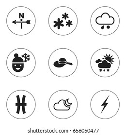 Set Of 9 Editable Weather Icons. Includes Symbols Such As Wind Direction, Celestial, Fishes And More. Can Be Used For Web, Mobile, UI And Infographic Design.