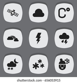 Set Of 9 Editable Weather Icons. Includes Symbols Such As Weather After Rain, Overcast, Celsius And More. Can Be Used For Web, Mobile, UI And Infographic Design.
