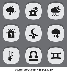 Set Of 9 Editable Weather Icons. Includes Symbols Such As Snowy Night, Scales, Thunderstorm And More. Can Be Used For Web, Mobile, UI And Infographic Design.
