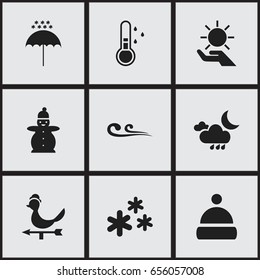 Set Of 9 Editable Weather Icons. Includes Symbols Such As Snowflakes, Warm, Winter Parasol And More. Can Be Used For Web, Mobile, UI And Infographic Design.
