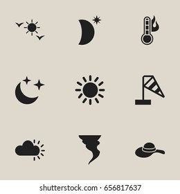 Set Of 9 Editable Weather Icons. Includes Symbols Such As Wind Measurement, Daystar, Clouded And More. Can Be Used For Web, Mobile, UI And Infographic Design.