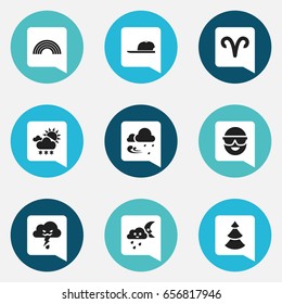 Set Of 9 Editable Weather Icons. Includes Symbols Such As Snowy Weather, Evergreen, Ram And More. Can Be Used For Web, Mobile, UI And Infographic Design.