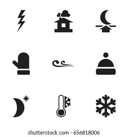 Set Of 9 Editable Weather Icons. Includes Symbols Such As Thunderstroke, Breeze, Night Sky And More. Can Be Used For Web, Mobile, UI And Infographic Design.