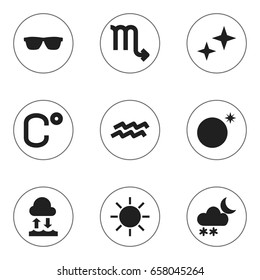 Set Of 9 Editable Weather Icons. Includes Symbols Such As Asterisk, Eyeglasses, Celsius And More. Can Be Used For Web, Mobile, UI And Infographic Design.