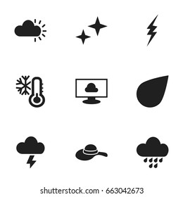 Set Of 9 Editable Weather Icons. Includes Symbols Such As Cloud On The Screen, Asterisk, Drip And More. Can Be Used For Web, Mobile, UI And Infographic Design.