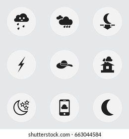 Set Of 9 Editable Weather Icons. Includes Symbols Such As Bolt, Phone, Domicile And More. Can Be Used For Web, Mobile, UI And Infographic Design.