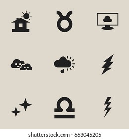Set Of 9 Editable Weather Icons. Includes Symbols Such As Cloudy, Bull, Asterisk And More. Can Be Used For Web, Mobile, UI And Infographic Design.
