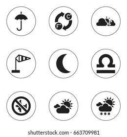Set Of 9 Editable Weather Icons. Includes Symbols Such As Crescent, Clouded Sunshine, Sunset And More. Can Be Used For Web, Mobile, UI And Infographic Design.