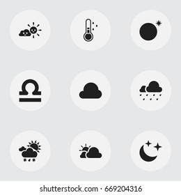Set Of 9 Editable Weather Icons. Includes Symbols Such As Hail, Warm, Scales And More. Can Be Used For Web, Mobile, UI And Infographic Design.