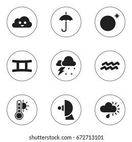 Set Of 9 Editable Weather Icons. Includes Symbols Such As Drizzle, Storm, Sky Night And More. Can Be Used For Web, Mobile, UI And Infographic Design.