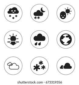 Set Of 9 Editable Weather Icons. Includes Symbols Such As Deluge, Cloudy Sky, Male And More. Can Be Used For Web, Mobile, UI And Infographic Design.