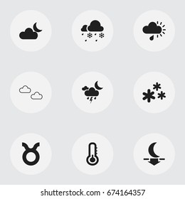 Set Of 9 Editable Weather Icons. Includes Symbols Such As Mist, Drizzle, Bull And More. Can Be Used For Web, Mobile, UI And Infographic Design.