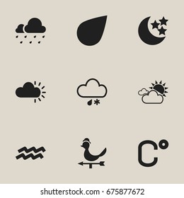 Set Of 9 Editable Weather Icons. Includes Symbols Such As Water Bearer, Overcast Weather, Hailstorm And More. Can Be Used For Web, Mobile, UI And Infographic Design.