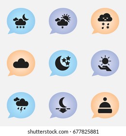 Set Of 9 Editable Weather Icons. Includes Symbols Such As Moonlight, Cap, Solar In The Palm And More. Can Be Used For Web, Mobile, UI And Infographic Design.