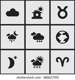 Set Of 9 Editable Weather Icons. Includes Symbols Such As Night Sky, Snowy Weather And More. Can Be Used For Web, Mobile, UI And Infographic Design.