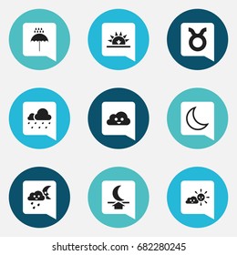 Set Of 9 Editable Weather Icons. Includes Symbols Such As Happy Overcast, Hail, Sunset And More. Can Be Used For Web, Mobile, UI And Infographic Design.