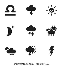 Set Of 9 Editable Weather Icons. Includes Symbols Such As Stormy, Electrical Discharge, Rainy Autumn And More. Can Be Used For Web, Mobile, UI And Infographic Design.
