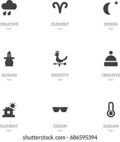 Set Of 9 Editable Weather Icons. Includes Symbols Such As Midnight, Snow Person, Scale And More. Can Be Used For Web, Mobile, UI And Infographic Design.